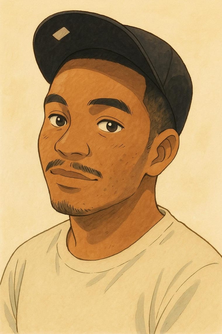 Illustrated portrait of Oron Culzac in a black cap and cream T-shirt